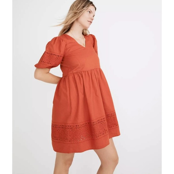 Madewell Linen-Blend Embroidered Eyelet Puff-Sleeve Orange/Red Mini Dress Small - Picture 2 of 10